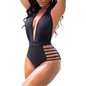 Aqua Eve Black Plunge Cutout One Piece Swimsuit Halter Bandage Style Women’s L